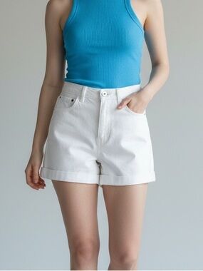 stradivarius White High-Waist Roll-Hem Shorts